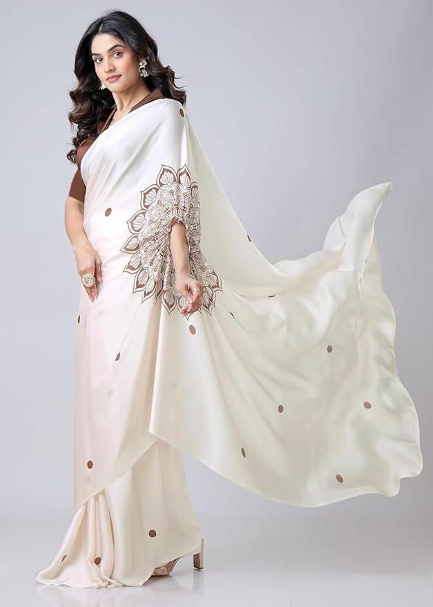 Satin Silk Printed Kaftan Saree With Unstitched Blouse